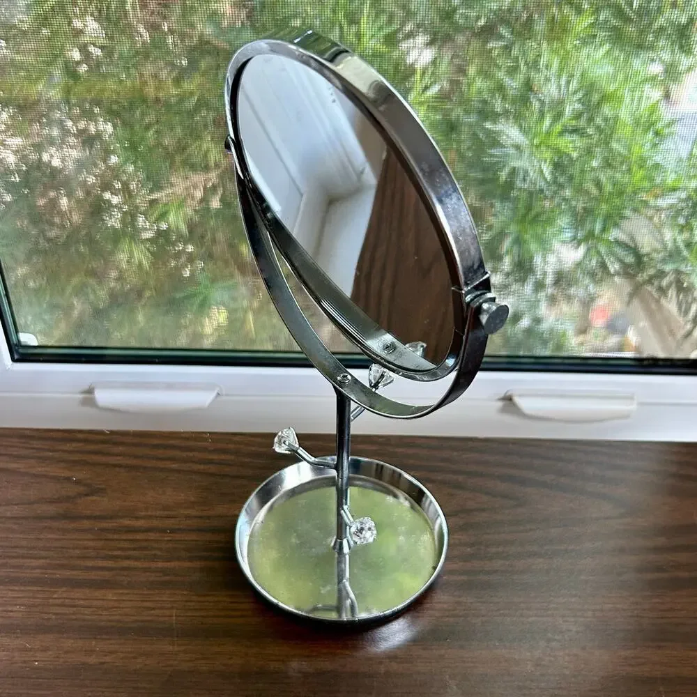 Vintage Chrome Vanity Mirror with Rhinestone Accents and Jewelry Tray – 11”
